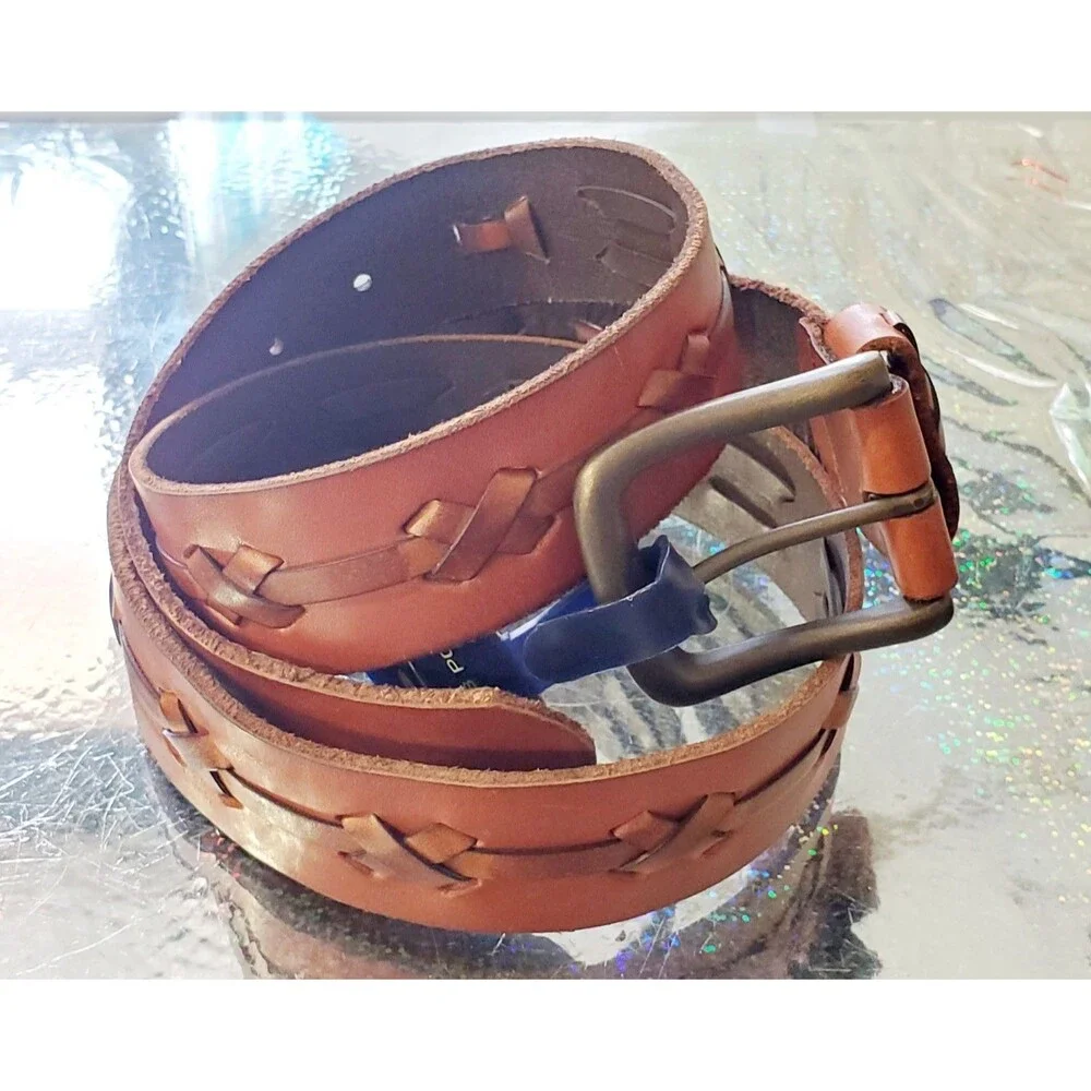 Baileys Point Leather Belt 42/44 XL Target Heavy Cross Stitch Tan Brassy Buckle